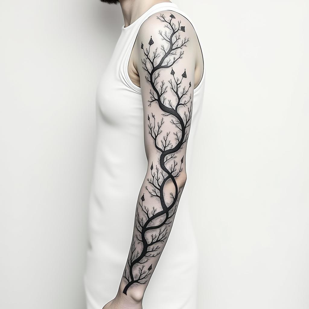 Half sleeve tattoo, vines with smokein minimalist style tattoo, featuring simple shapes and fine lines, with minimal shading and details, tiny triangles, creating a sense of balance and harmony