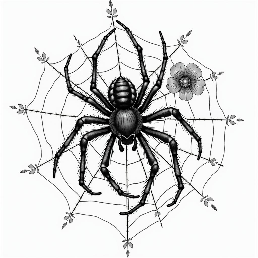 Small spider on web with lots of flowersin japanese style tattoo, detailed tattoo, traditional japanese culture tattoo, mythology, 8k - Variation 52