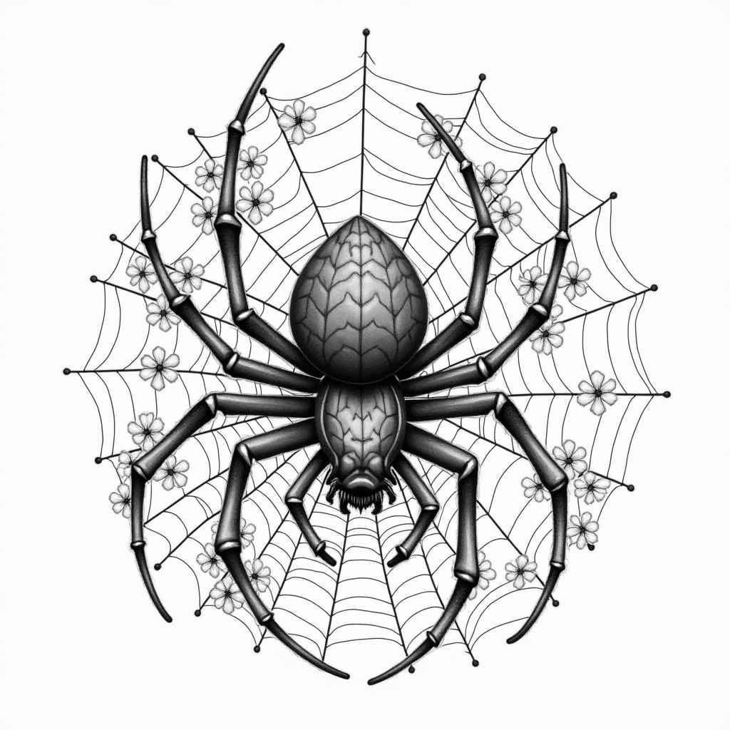 Small spider on web with lots of flowersin japanese style tattoo, detailed tattoo, traditional japanese culture tattoo, mythology, 8k - Variation 54