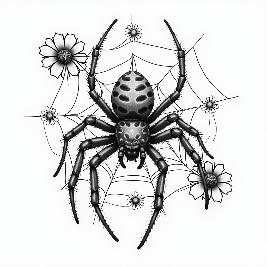 Small spider on web with lots of flowersin japanese style tattoo, detailed tattoo, traditional japanese culture tattoo, mythology, 8k - Variation 53