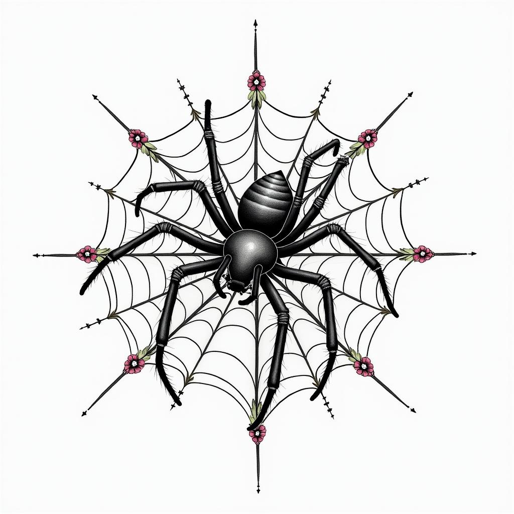 Small spider on web with lots of flowersin japanese style tattoo, detailed tattoo, traditional japanese culture tattoo, mythology, 8k - Variation 55