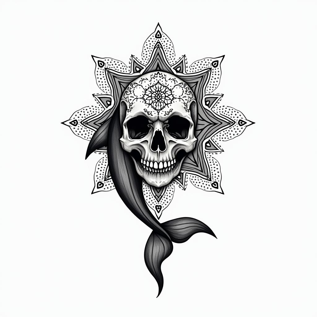 half dolphin half skullin dotwork style tattoo, complex mandala patterns, interlocking geometric shapes with sharp symmetry, clean lines, sharp angles - Variation 4