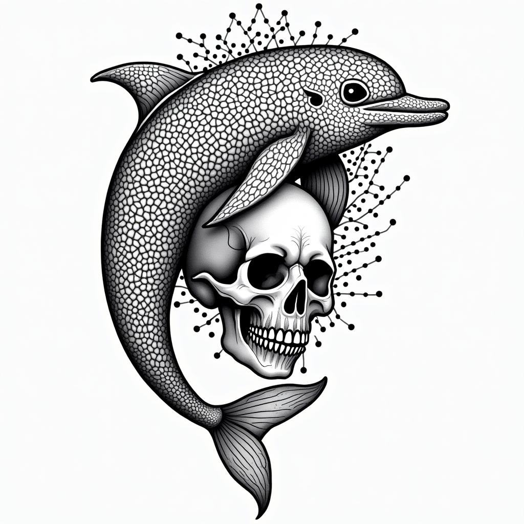 half dolphin half skullin dotwork style tattoo, complex mandala patterns, interlocking geometric shapes with sharp symmetry, clean lines, sharp angles - Variation 3