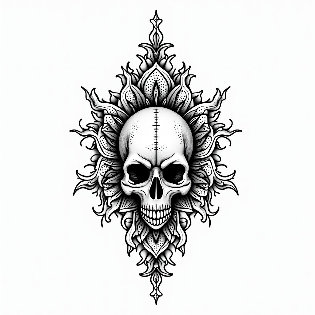 half dolphin half skullin dotwork style tattoo, complex mandala patterns, interlocking geometric shapes with sharp symmetry, clean lines, sharp angles