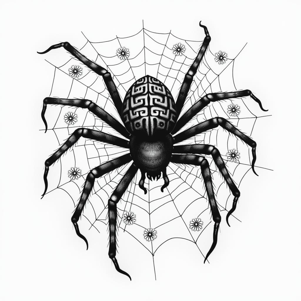Small spider on web with lots of flowersin japanese style tattoo, detailed tattoo, traditional japanese culture tattoo, mythology, 8k - Variation 50