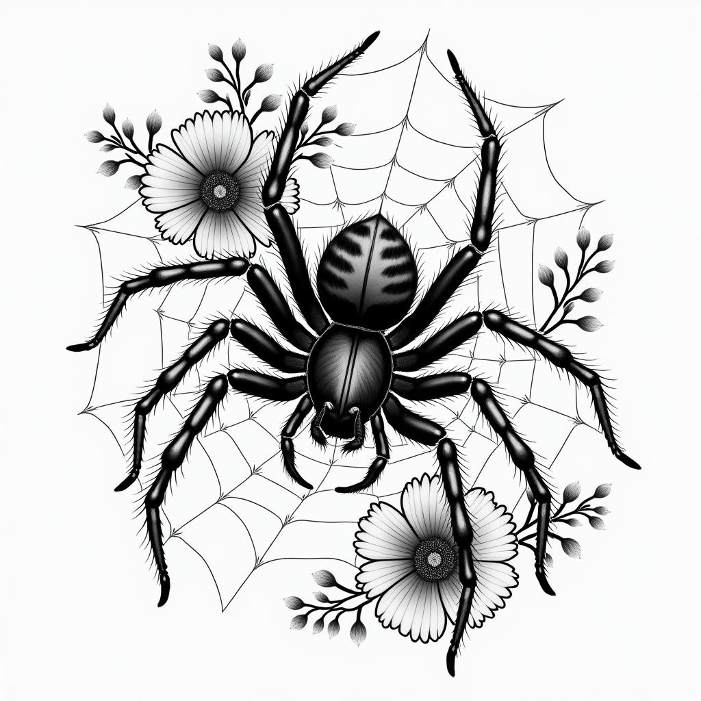 Small spider on web with lots of flowersin japanese style tattoo, detailed tattoo, traditional japanese culture tattoo, mythology, 8k - Variation 48