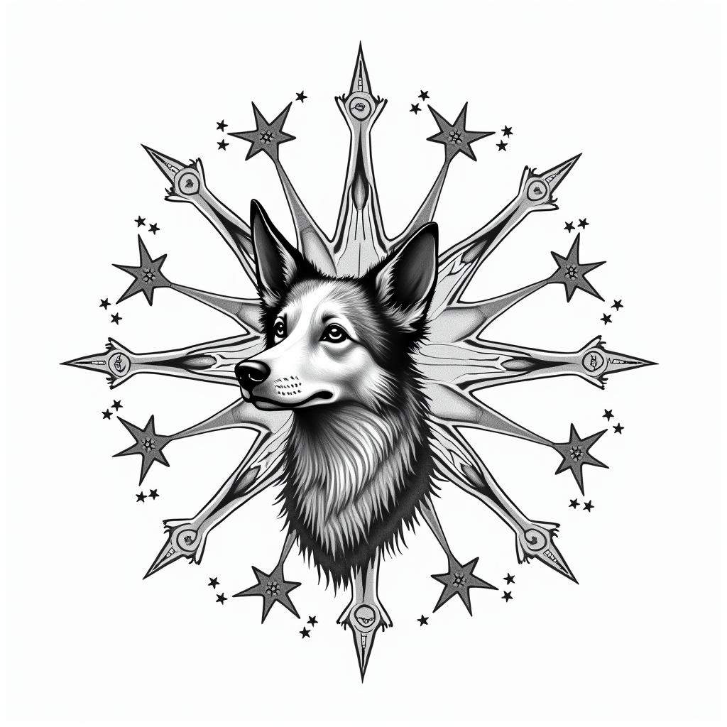 Libra dog sun moon starsin bohemian style tattoo, 8k - Variation 4