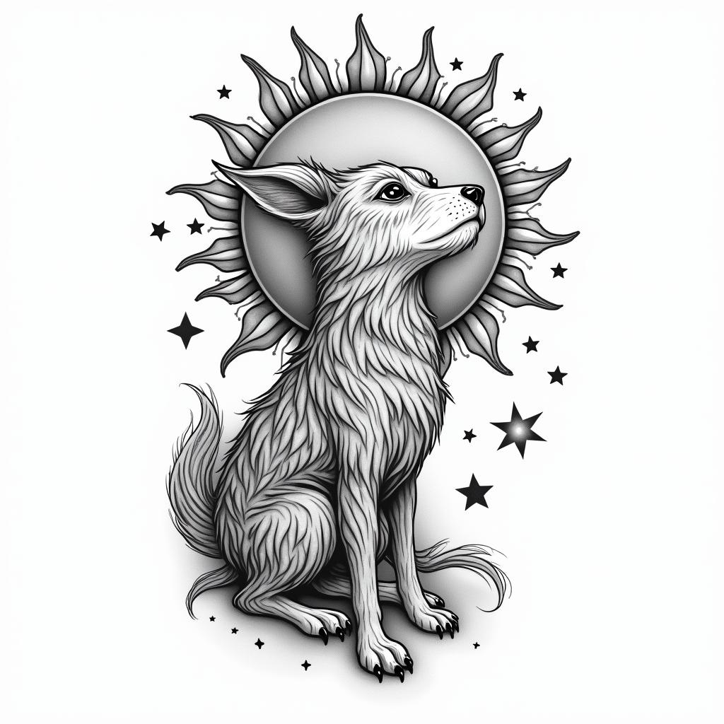 Libra dog sun moon starsin bohemian style tattoo, 8k - Variation 3