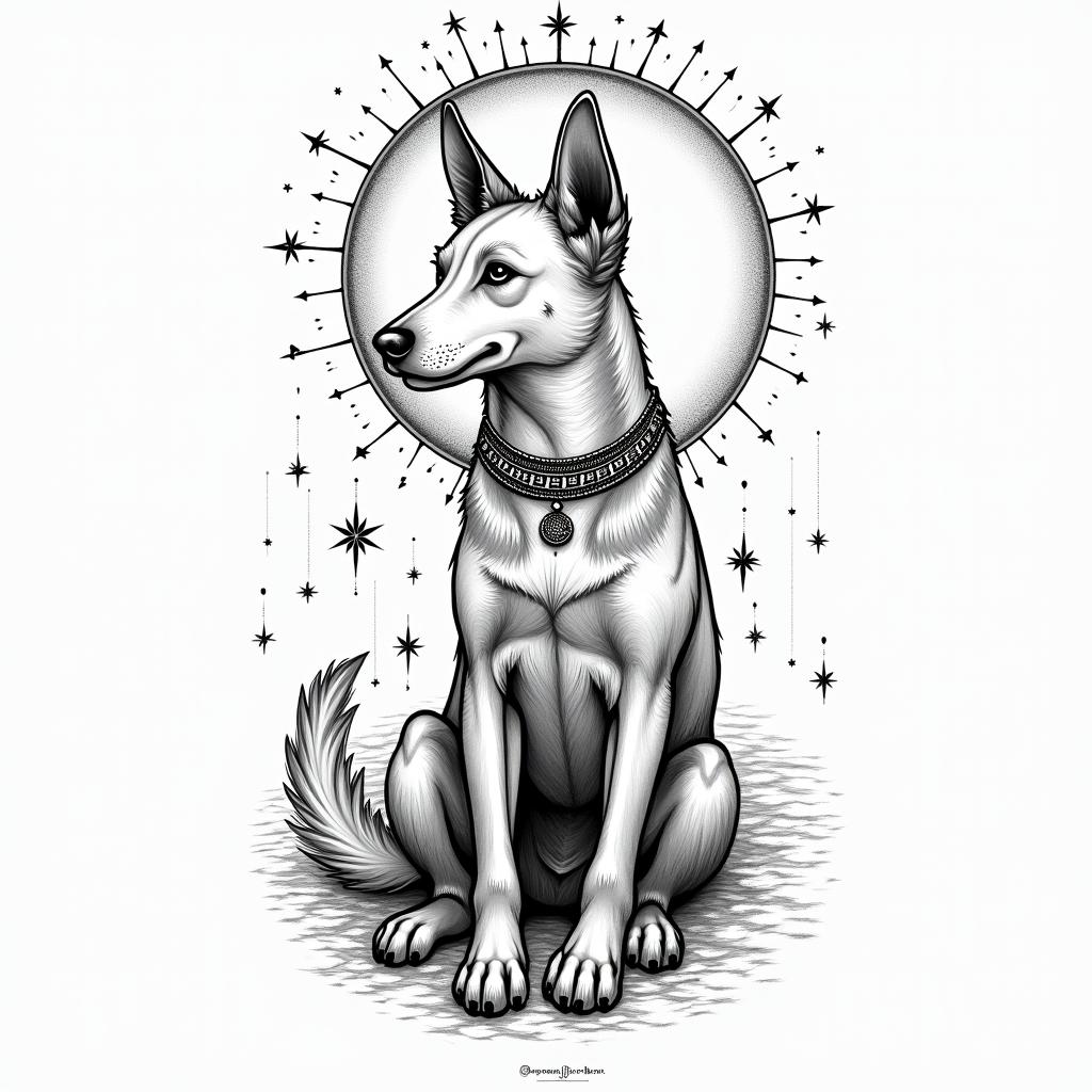 Libra dog sun moon starsin bohemian style tattoo, 8k