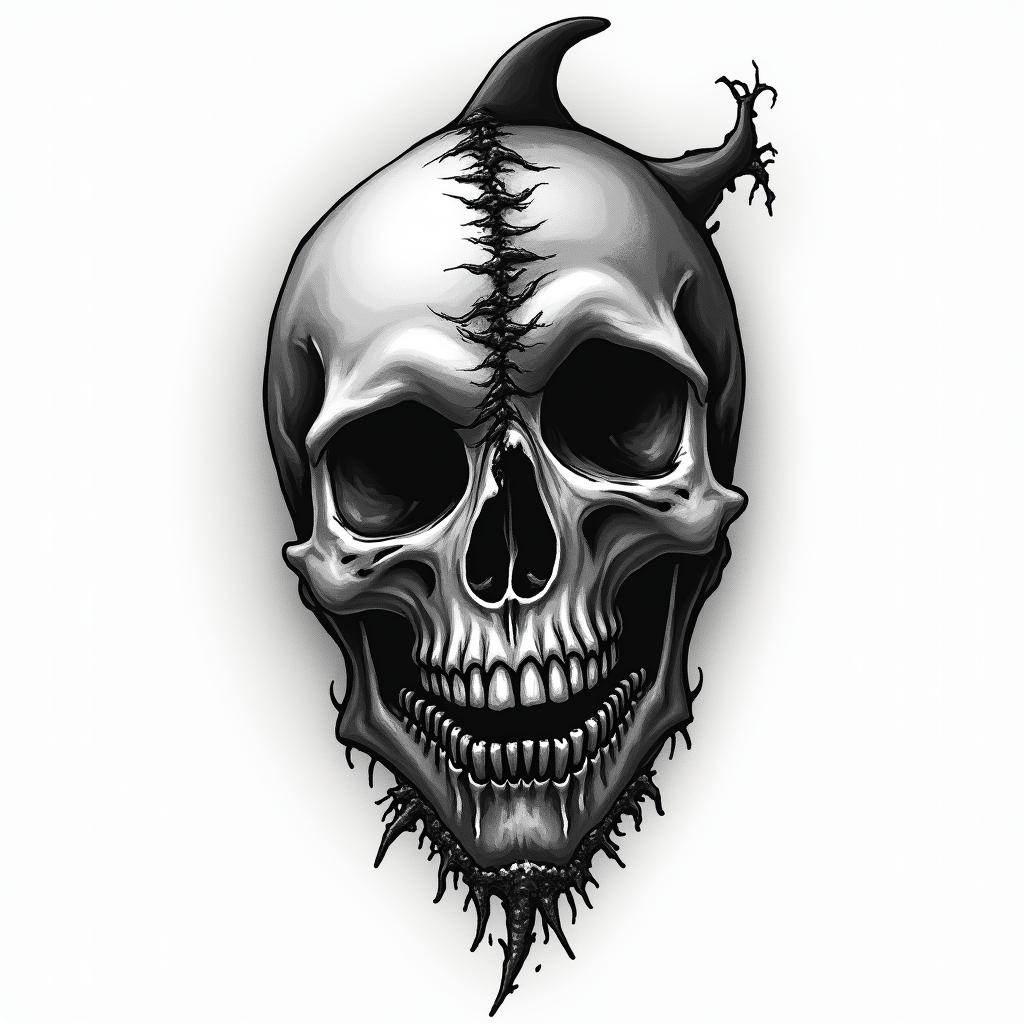 half dolphin half skull in horror tattoo style, showcasing haunting and unsettling, dark and gritty textures with skulls, eerie faces, jgged designs, bold and intense shading