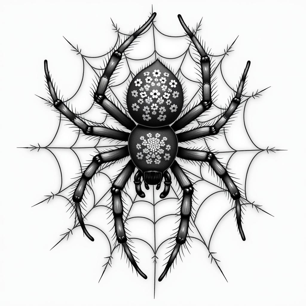 Small spider on web with lots of flowersin japanese style tattoo, detailed tattoo, traditional japanese culture tattoo, mythology, 8k - Variation 47