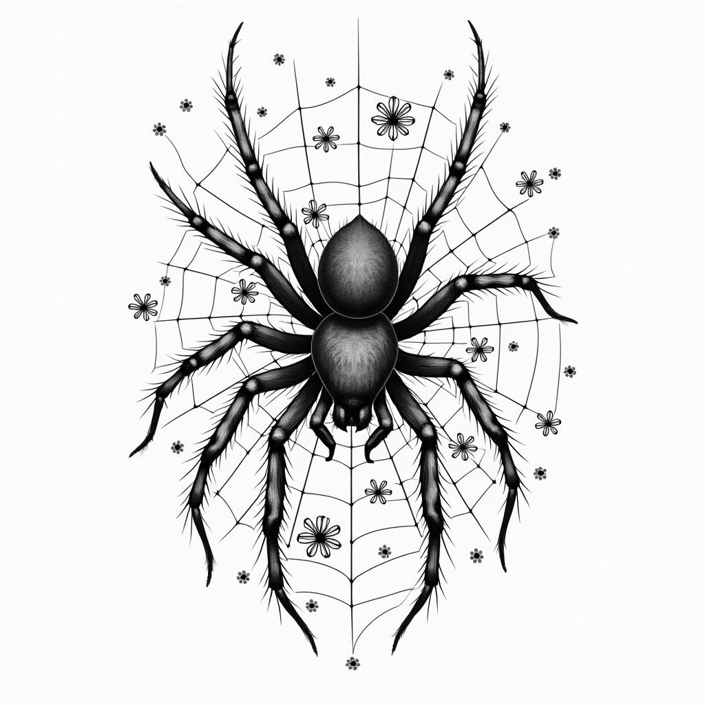 Small spider on web with lots of flowersin japanese style tattoo, detailed tattoo, traditional japanese culture tattoo, mythology, 8k - Variation 45