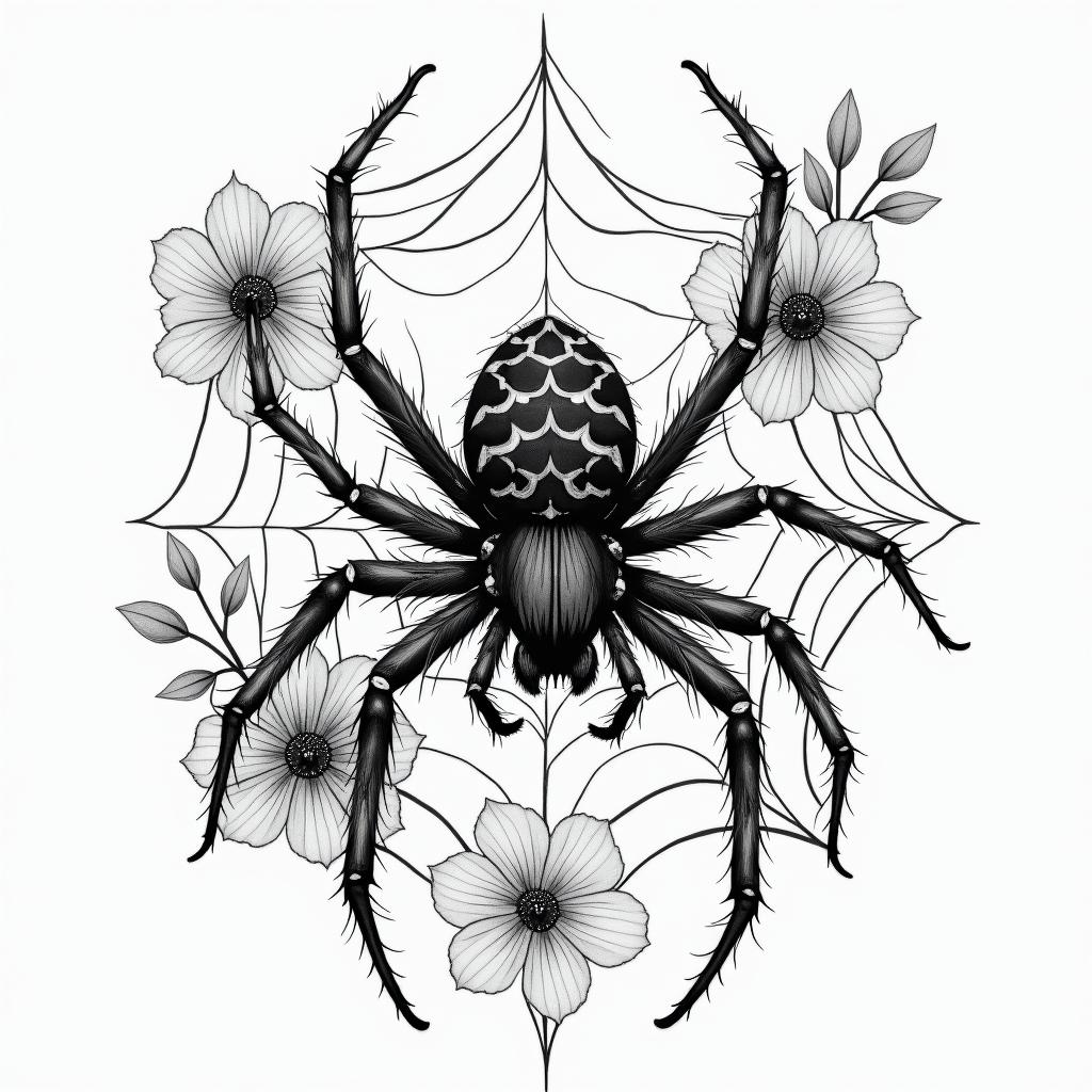 Small spider on web with lots of flowersin japanese style tattoo, detailed tattoo, traditional japanese culture tattoo, mythology, 8k - Variation 43