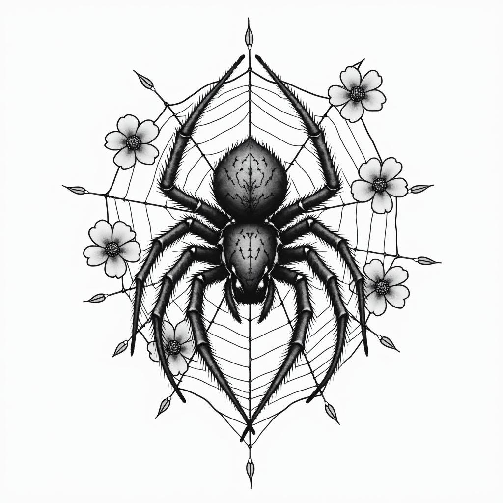 Small spider on web with lots of flowersin japanese style tattoo, detailed tattoo, traditional japanese culture tattoo, mythology, 8k - Variation 42