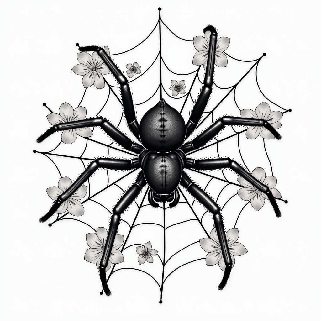Small spider on web with lots of flowersin japanese style tattoo, detailed tattoo, traditional japanese culture tattoo, mythology, 8k - Variation 41