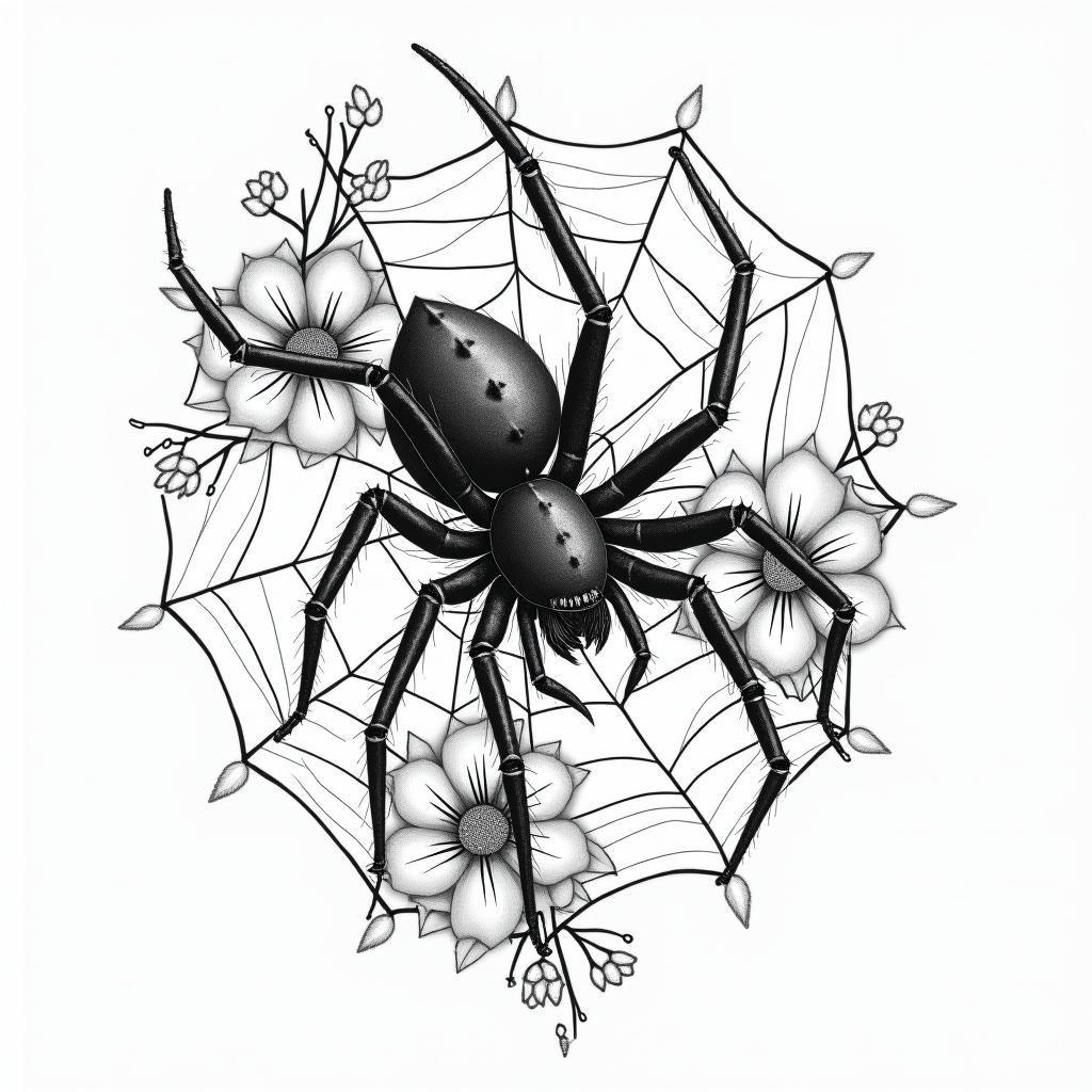 Small spider on web with lots of flowersin japanese style tattoo, detailed tattoo, traditional japanese culture tattoo, mythology, 8k - Variation 40