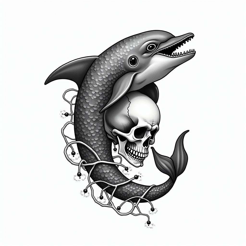 half dolphin half skullin japanese style tattoo, detailed tattoo, traditional japanese culture tattoo, mythology, 8k - Variation 2
