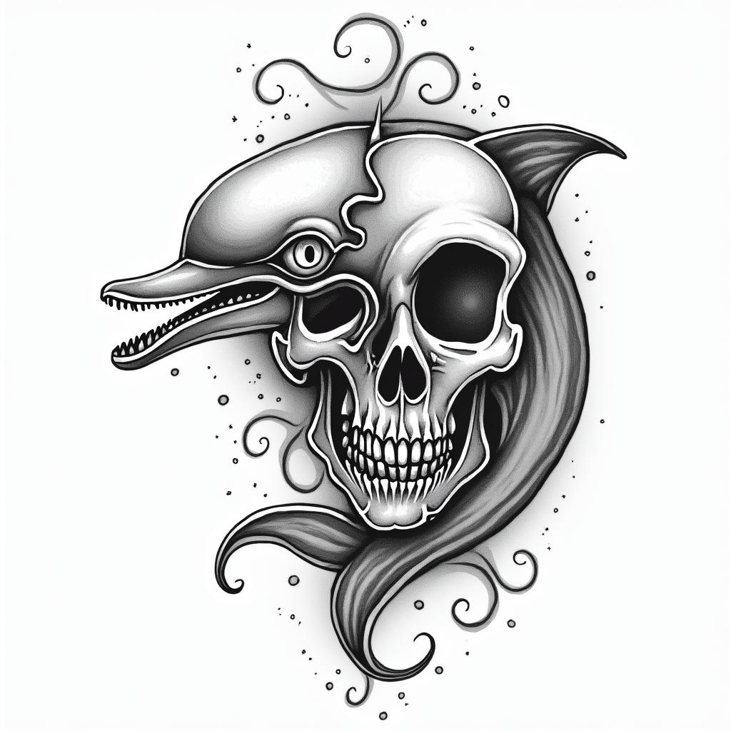 half dolphin half skullin japanese style tattoo, detailed tattoo, traditional japanese culture tattoo, mythology, 8k - Variation 4