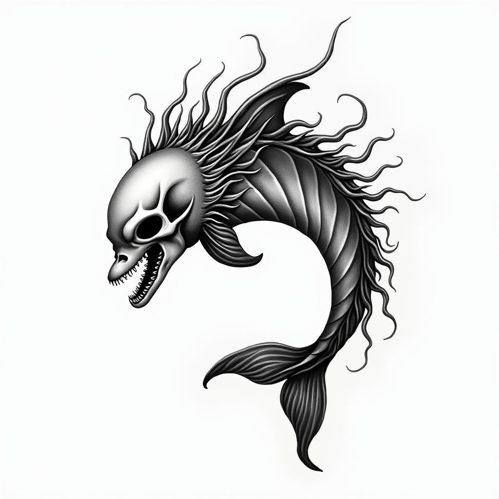 half dolphin half skullin japanese style tattoo, detailed tattoo, traditional japanese culture tattoo, mythology, 8k