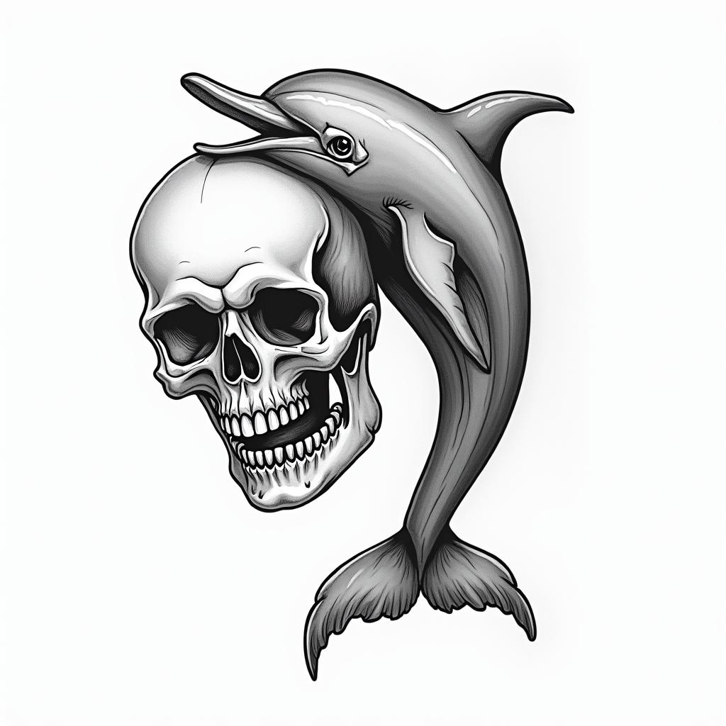 half dolphin half skullin new school tattoo, pop culture, modern, detailed tattoo, illustrative - Variation 4