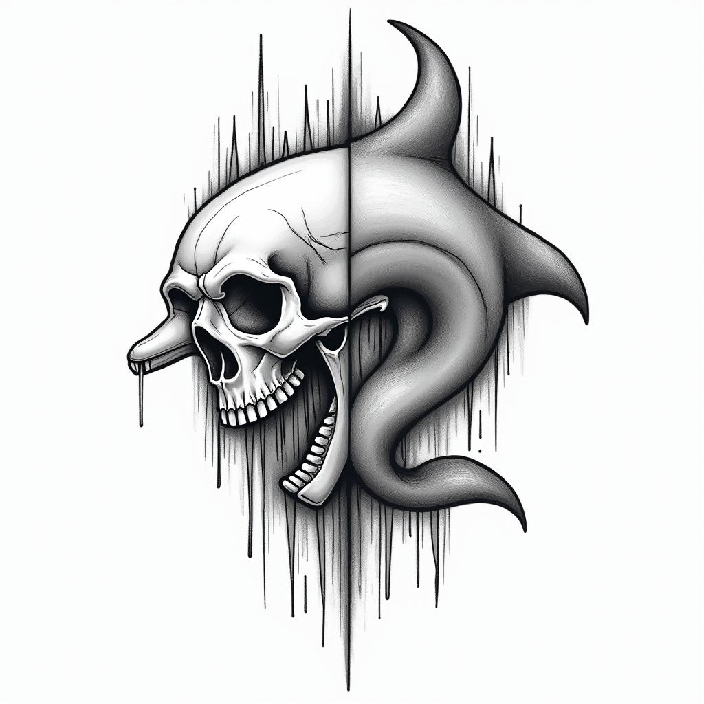 half dolphin half skullin new school tattoo, pop culture, modern, detailed tattoo, illustrative - Variation 3