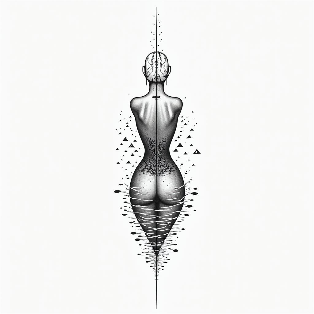 Back tattoo for women. Fineline. Possibly geometric. It should not contain any kitschy elements and no faces. Overall, it should look like several small tattoos. The entire back should not be covered, so there should be an appropriate distance between the small tattoos. The individual tattoos should represent love for nature, the sea, etc.in minimalist style tattoo, featuring simple shapes and fine lines, with minimal shading and details, tiny triangles, creating a sense of balance and harmony