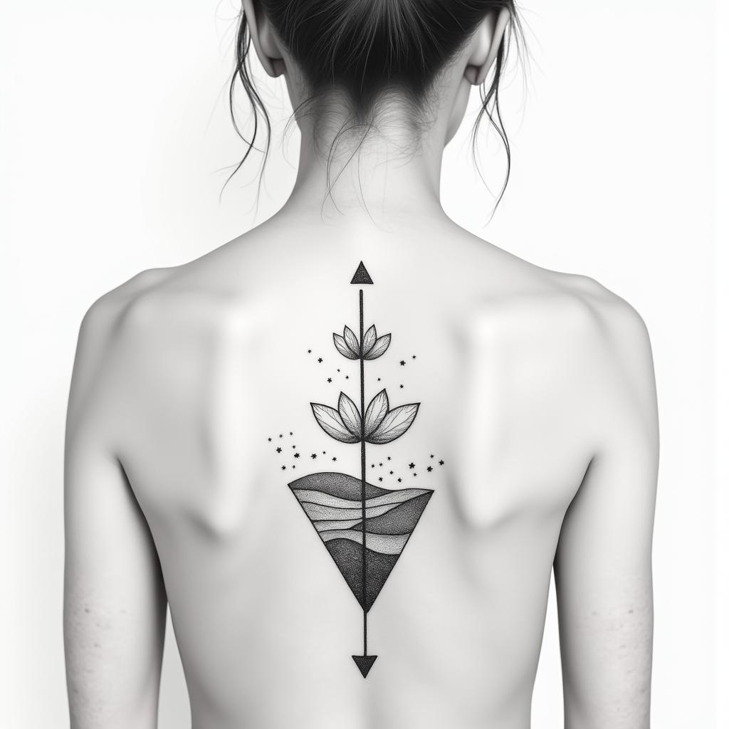 Back tattoo for women. Fineline. Possibly geometric. It should not contain any kitschy elements and no faces. Overall, it should look like several small tattoos. The entire back should not be covered, so there should be an appropriate distance between the small tattoos. The individual tattoos should represent love for nature, the sea, etc.in minimalist style tattoo, featuring simple shapes and fine lines, with minimal shading and details, tiny triangles, creating a sense of balance and harmony - Variation 3