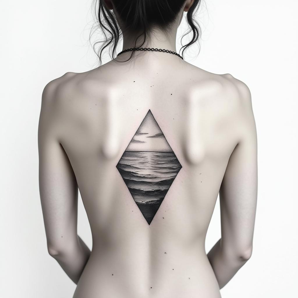 Back tattoo for women. Fineline. Possibly geometric. It should not contain any kitschy elements and no faces. Overall, it should look like several small tattoos. The entire back should not be covered, so there should be an appropriate distance between the small tattoos. The individual tattoos should represent love for nature, the sea, etc.in minimalist style tattoo, featuring simple shapes and fine lines, with minimal shading and details, tiny triangles, creating a sense of balance and harmony - Variation 4