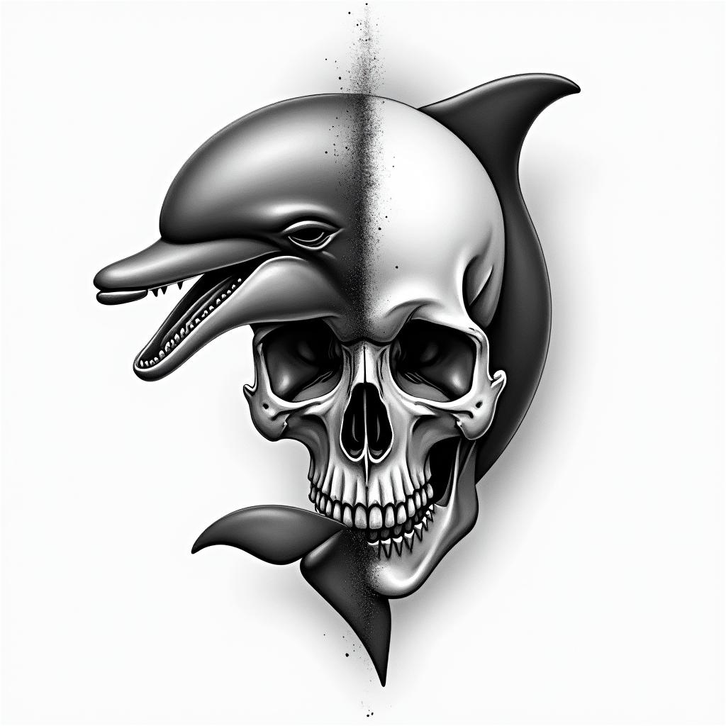 half dolphin half skullin portrait tattoo style, featuring a highly realistic and detailed depiction  - Variation 4