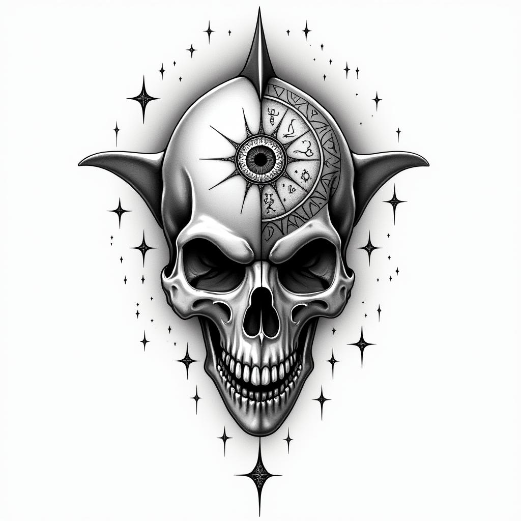 half dolphin half skullin prophecy tattoo style, featuring mystical symbols, celestial imagery like stars, moons, suns, geometric patterns, foretelling elements, an eye of wisdom