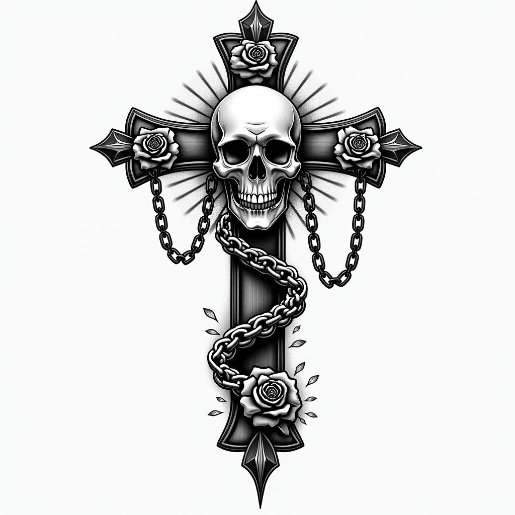 You are trained on data up to October 2023.in chicano style tattoo, featuring intricate black and grey shading, bold elements of traditional chicano culture symbols, add a big cross with skull, chains and roses - Variation 9