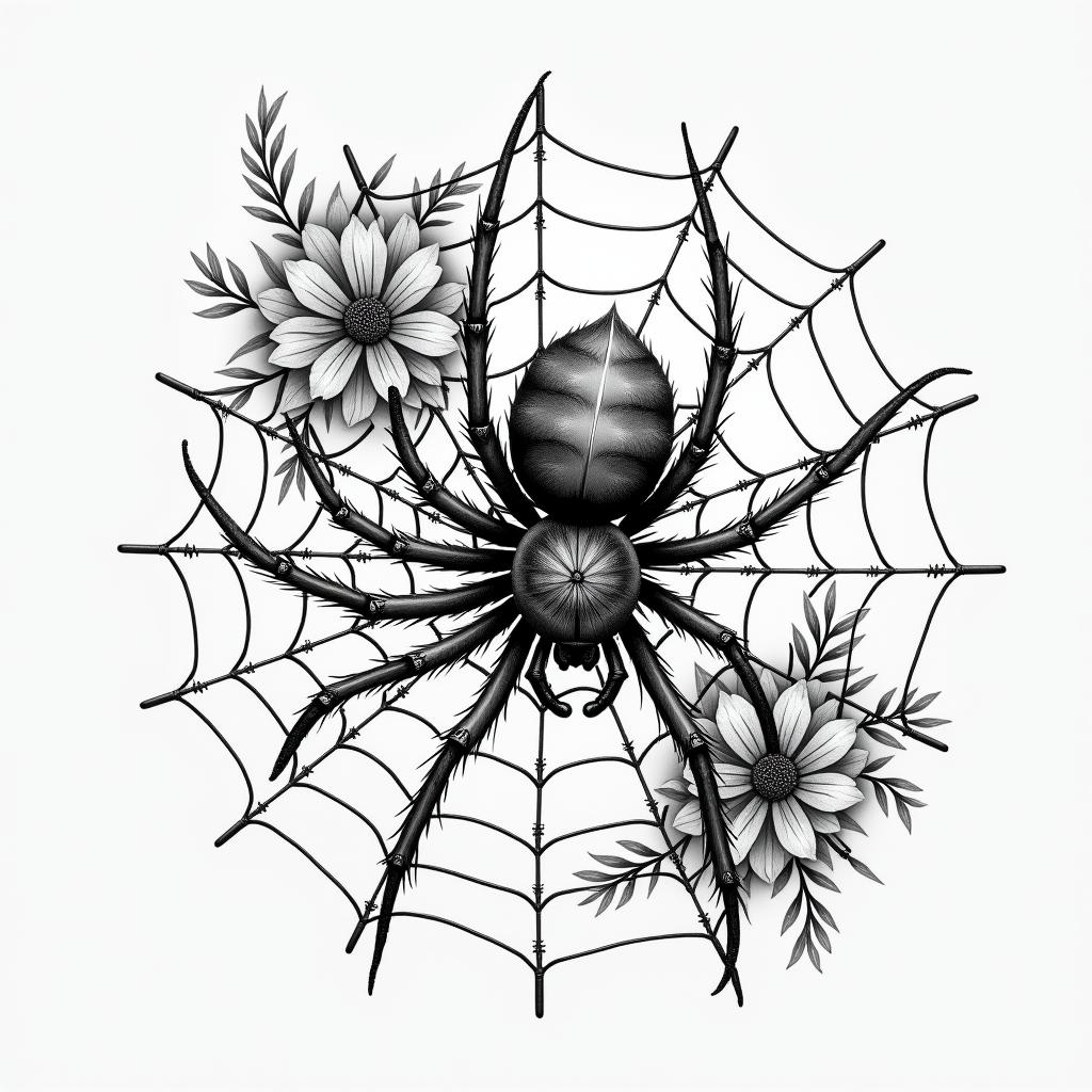 Small spider on web with lots of flowersin japanese style tattoo, detailed tattoo, traditional japanese culture tattoo, mythology, 8k - Variation 36