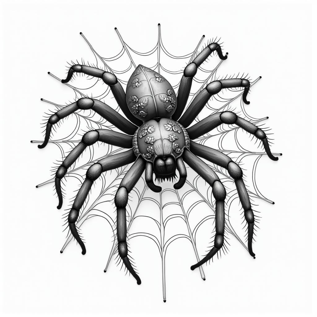 Small spider on web with lots of flowersin japanese style tattoo, detailed tattoo, traditional japanese culture tattoo, mythology, 8k - Variation 39