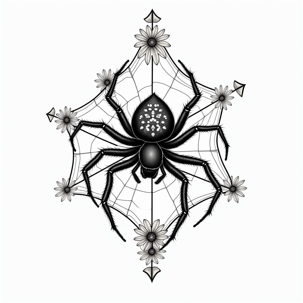 Small spider on web with lots of flowersin japanese style tattoo, detailed tattoo, traditional japanese culture tattoo, mythology, 8k - Variation 33