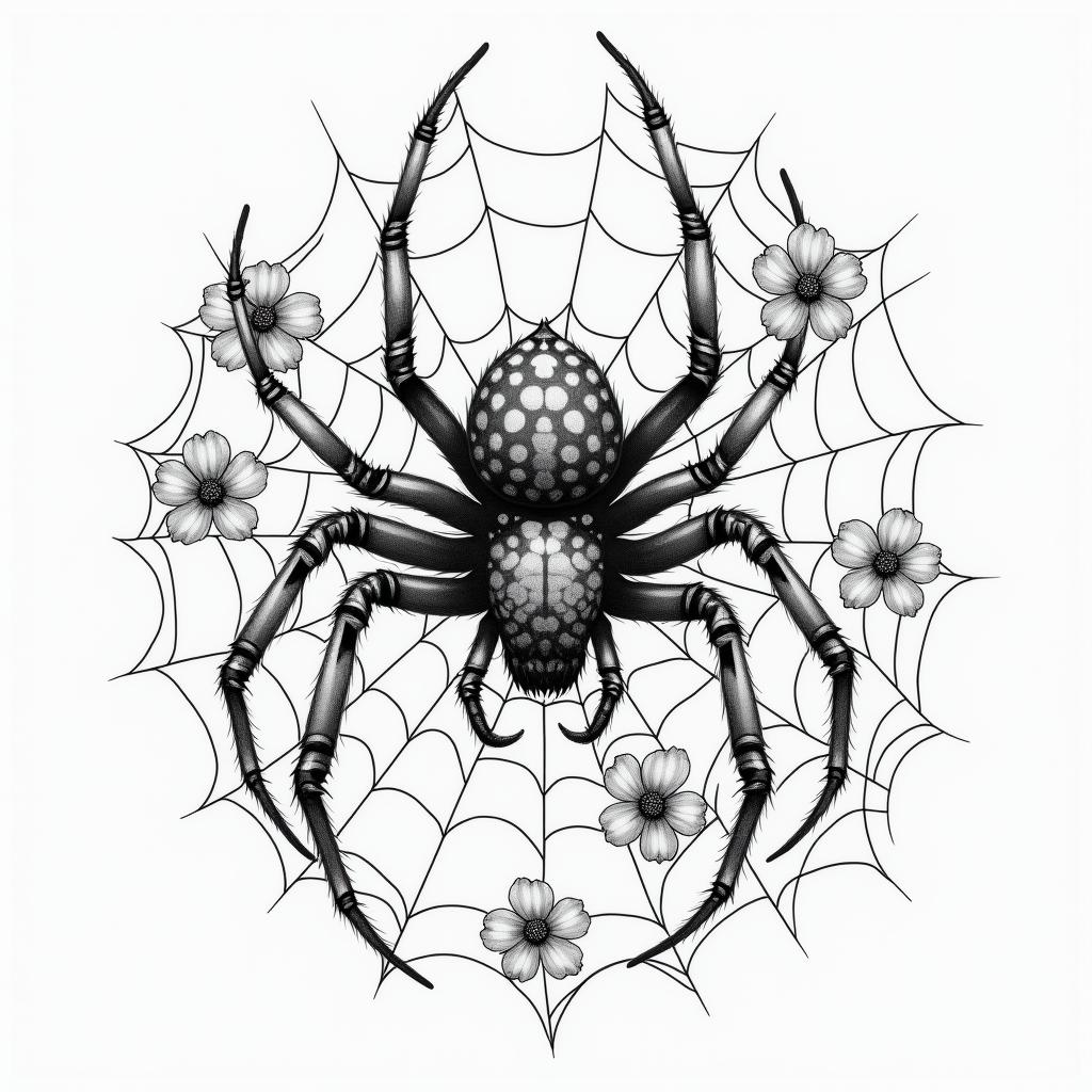 Small spider on web with lots of flowersin japanese style tattoo, detailed tattoo, traditional japanese culture tattoo, mythology, 8k - Variation 38