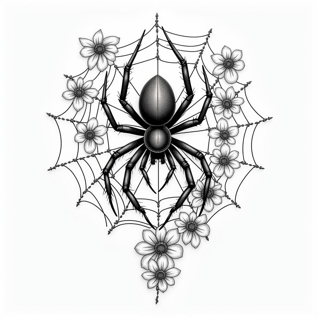 Small spider on web with lots of flowersin japanese style tattoo, detailed tattoo, traditional japanese culture tattoo, mythology, 8k - Variation 37