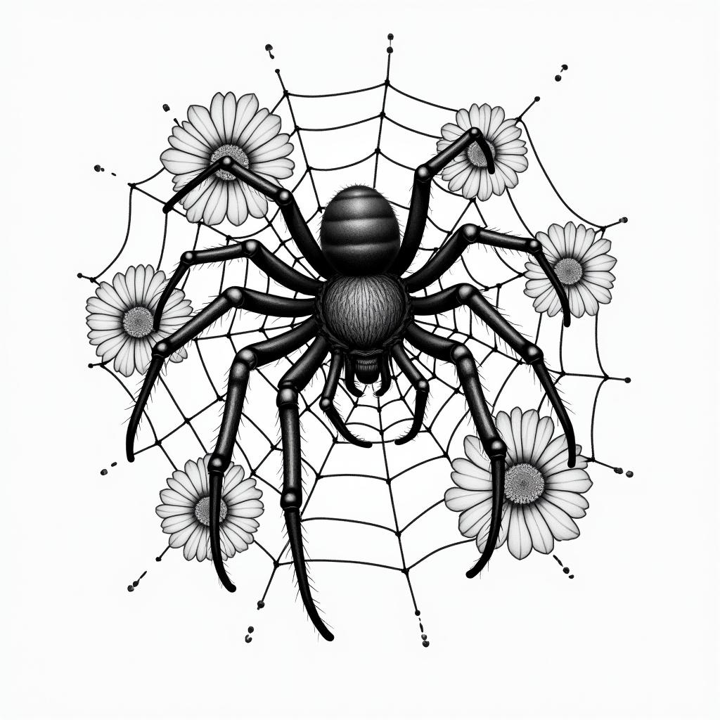 Small spider on web with lots of flowersin japanese style tattoo, detailed tattoo, traditional japanese culture tattoo, mythology, 8k - Variation 35