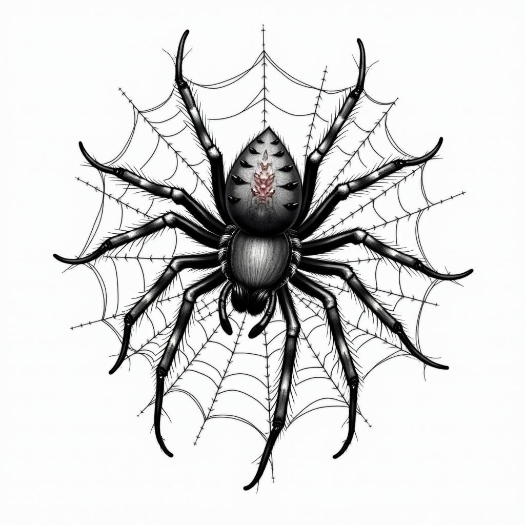 Small spider on web with lots of flowersin japanese style tattoo, detailed tattoo, traditional japanese culture tattoo, mythology, 8k - Variation 34