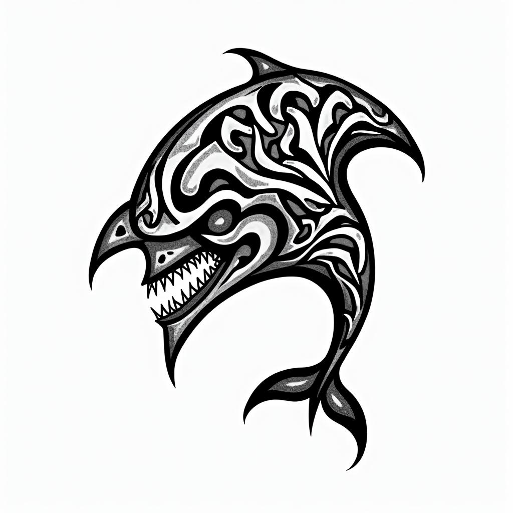 half dolphin half skullin tribal tattoo style, featuring bold and black geometric shapes, curved lines, intertwine and flow seamlessly, creating a powerful and symbolic design, polynesian and maori styles - Variation 2