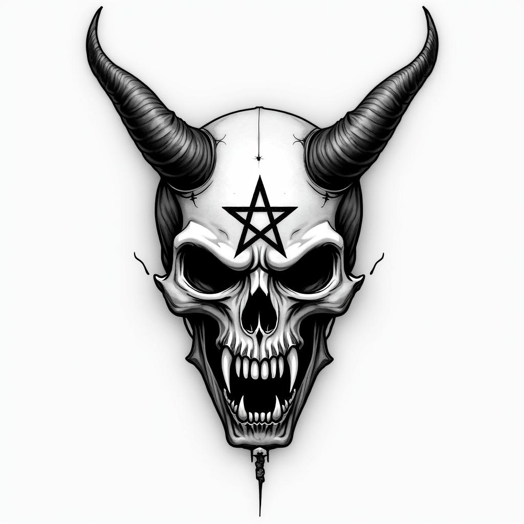Aquariuscreepy horror tattoo style, featuring an eerie and unsettling skull of a demonic creature, distorted face with sharp fangs, add pentagram symbol - Variation 5