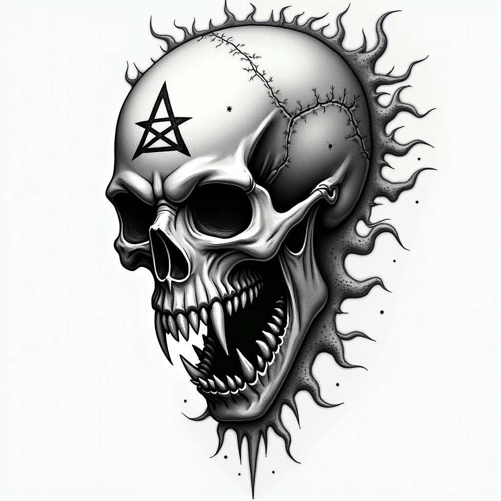 Aquariuscreepy horror tattoo style, featuring an eerie and unsettling skull of a demonic creature, distorted face with sharp fangs, add pentagram symbol - Variation 8