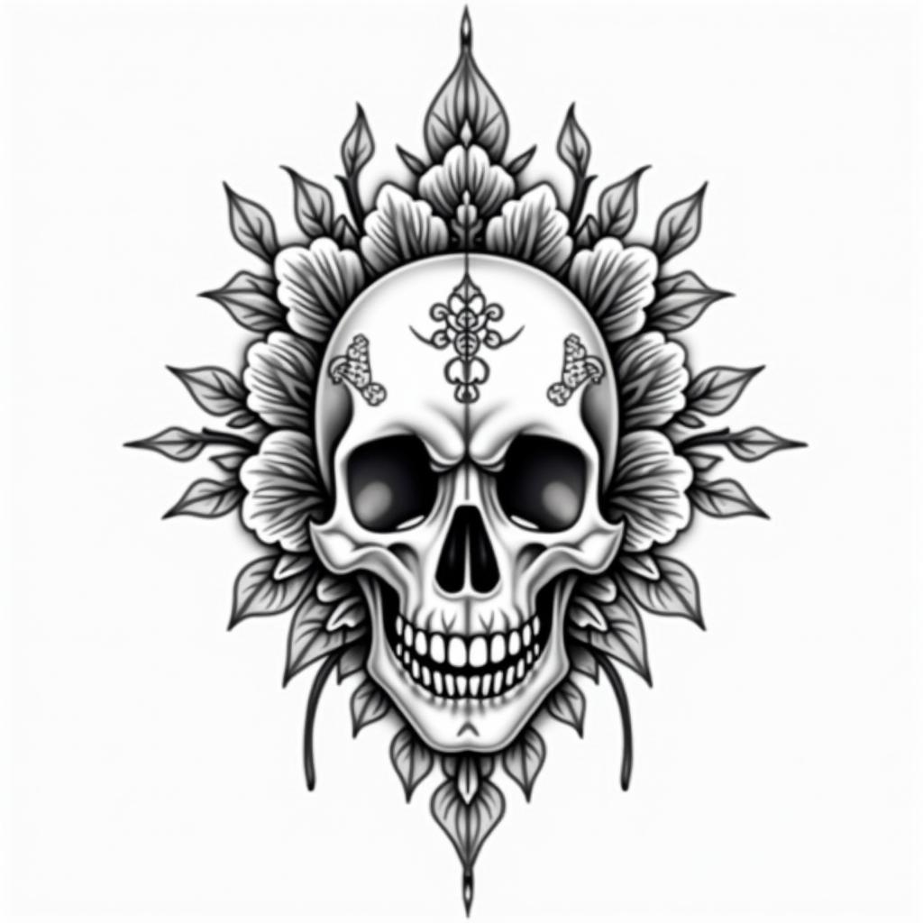 half dolphin half skullin ornamental tattoo style, featuring intricate symmetrical patterns and floral designs, showcasing highly detailed line work and geometric shapes, creating a sense of elegance and balance