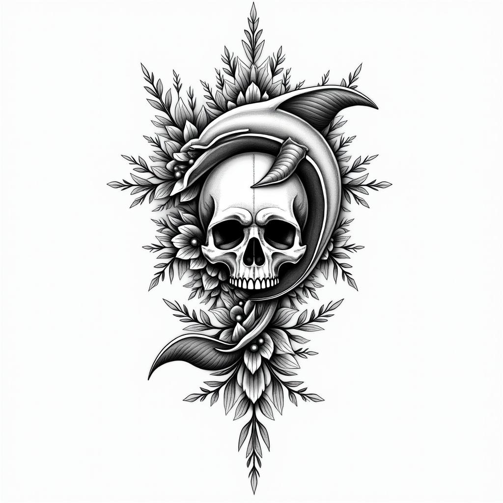half dolphin half skullin ornamental tattoo style, featuring intricate symmetrical patterns and floral designs, showcasing highly detailed line work and geometric shapes, creating a sense of elegance and balance - Variation 4