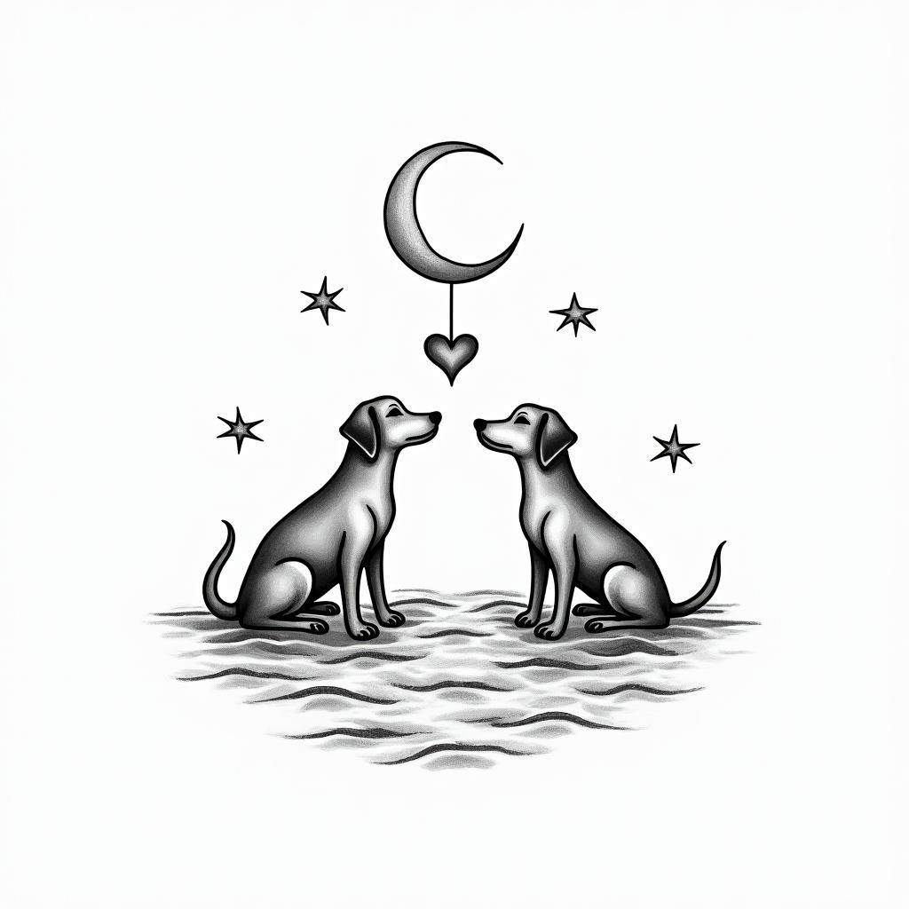 Zodiac dogs moon starsin Modest style tattoo, featuring soft, delicate line work with simple and meaningful symbols, gentle waves, a heart, evoking a sense of serenity and grace, - Variation 5