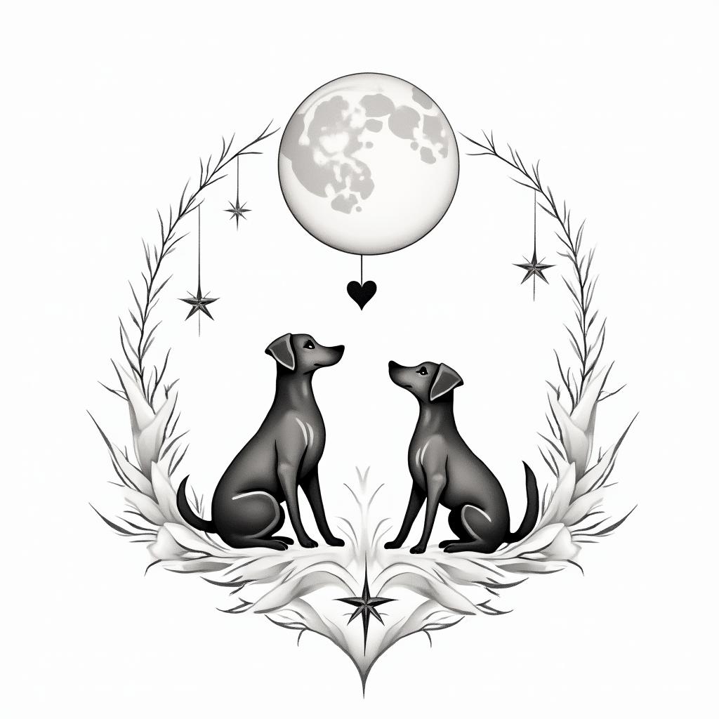Zodiac dogs moon starsin Modest style tattoo, featuring soft, delicate line work with simple and meaningful symbols, gentle waves, a heart, evoking a sense of serenity and grace, - Variation 7