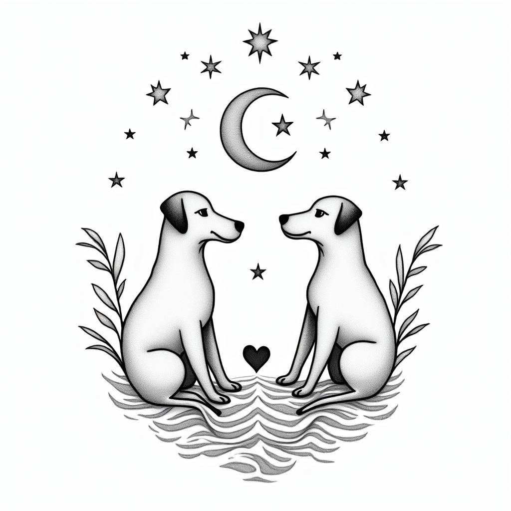 Zodiac dogs moon starsin Modest style tattoo, featuring soft, delicate line work with simple and meaningful symbols, gentle waves, a heart, evoking a sense of serenity and grace, - Variation 8