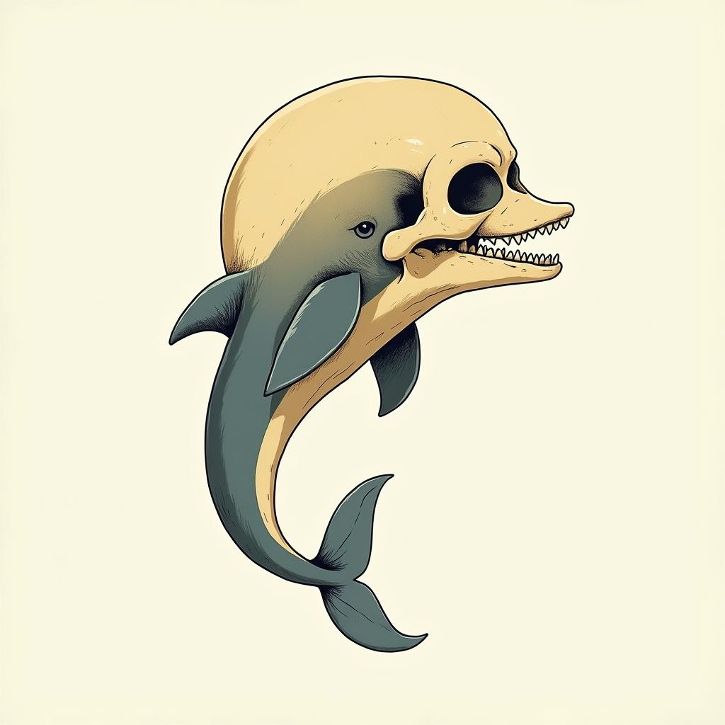 half dolphin half skullGhibli, Studio Ghibli aesthetic, hand-drawn anime style, retro nostalgic atmosphere, retro soft pastel color palette with earthy tones, retro Japanese cinematic shot, yellow tint effect, bald character, smooth surface, anime shadow 90's anime style