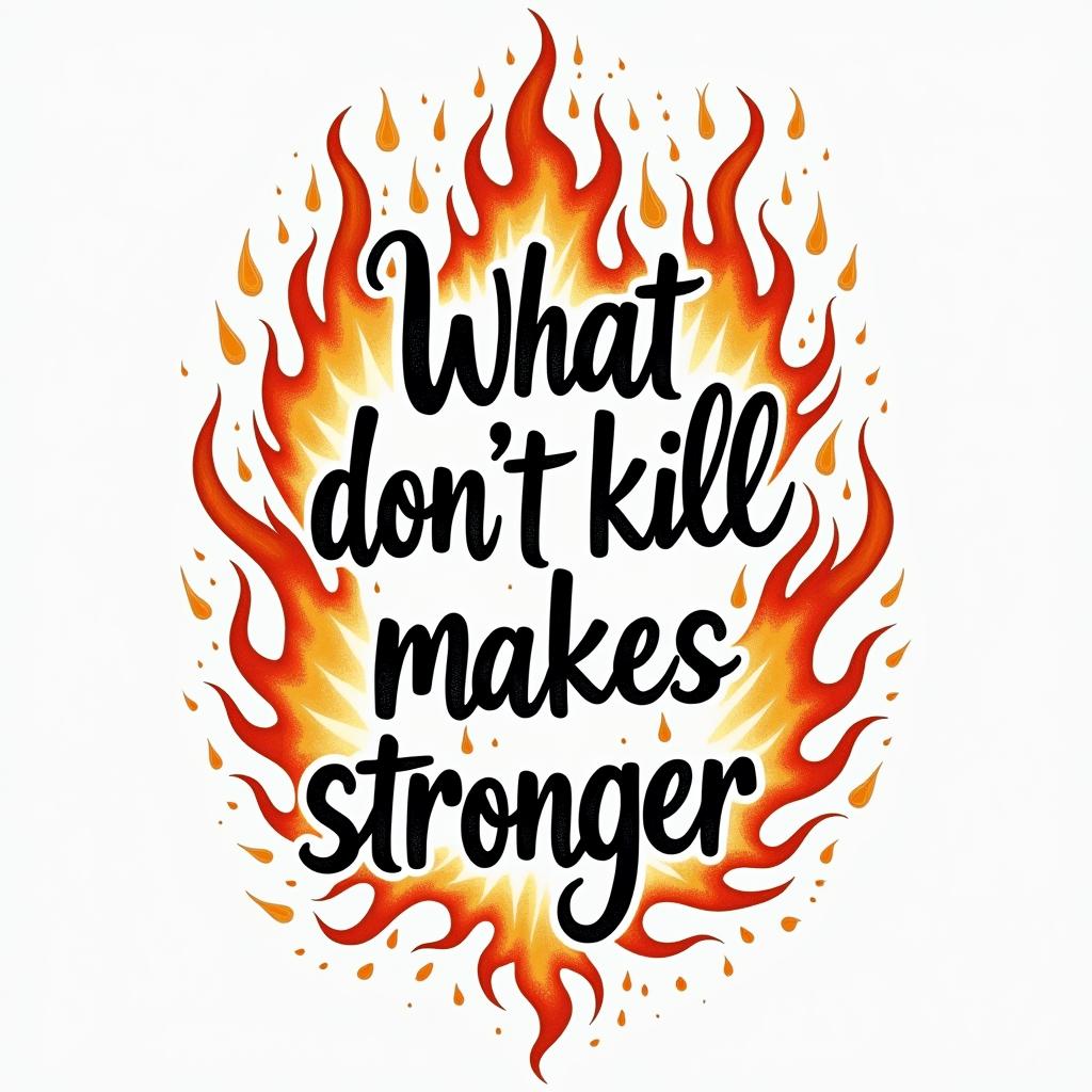 "What doesn't kill you makes you stronger" Quote Cursivein flame tattoo style showcasing fiery elements with dynamic flame patterns, glowing effect of flames, natural colors