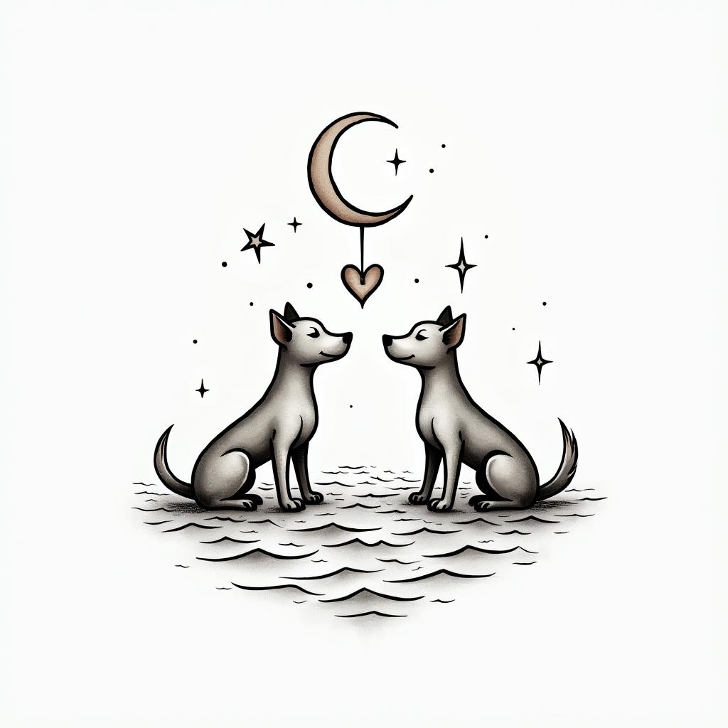 Zodiac dogs moon starsin Modest style tattoo, featuring soft, delicate line work with simple and meaningful symbols, gentle waves, a heart, evoking a sense of serenity and grace, - Variation 4