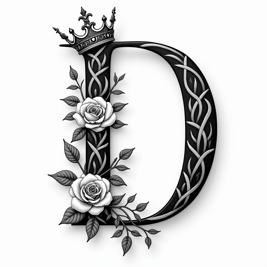 Initial D with a tiger lily and rose wrapped at th bottom of the D and king crown on topin elegant cursive calligraphy style 2d tattoo, decorate with roses, featuring a smooth and flowing handwritten script with slightly thickened strokes for a luxurious and bold appearance, heart symbol between names, sleek and glossy black text with shadowing, minimalist matte white background, clean and sharp edges, illuminated with soft lighting, romantic, 8k, high-quality textures with refined typography - Variation 4